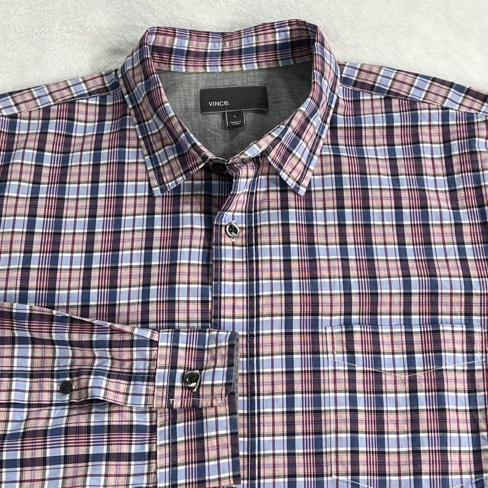 Vince Shirt Mens Large Pink Blue White Check Plaid Long Sleeve